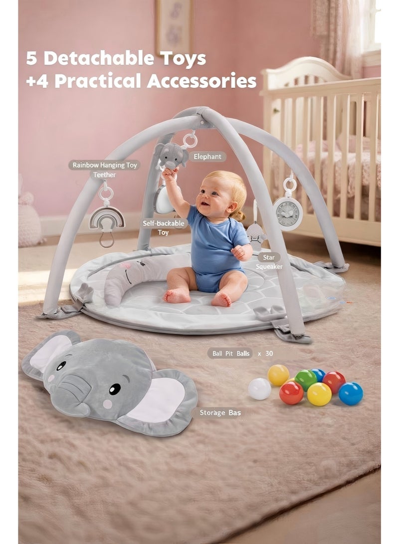 سجادة ألعاب أطفال XL مع قفص كرات، حصيرة وقت البطن مع سياج شبكي قابل للتنفس، 5 ألعاب معلّقة قابلة للفصل، 30 كرة ملوّنة، شكل فيل - Image 4